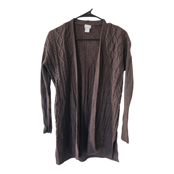 Chico's Cardigan Women SP Brown Long Sleeve Cable Knit Open Wool Cashmere - Picture 1 of 14